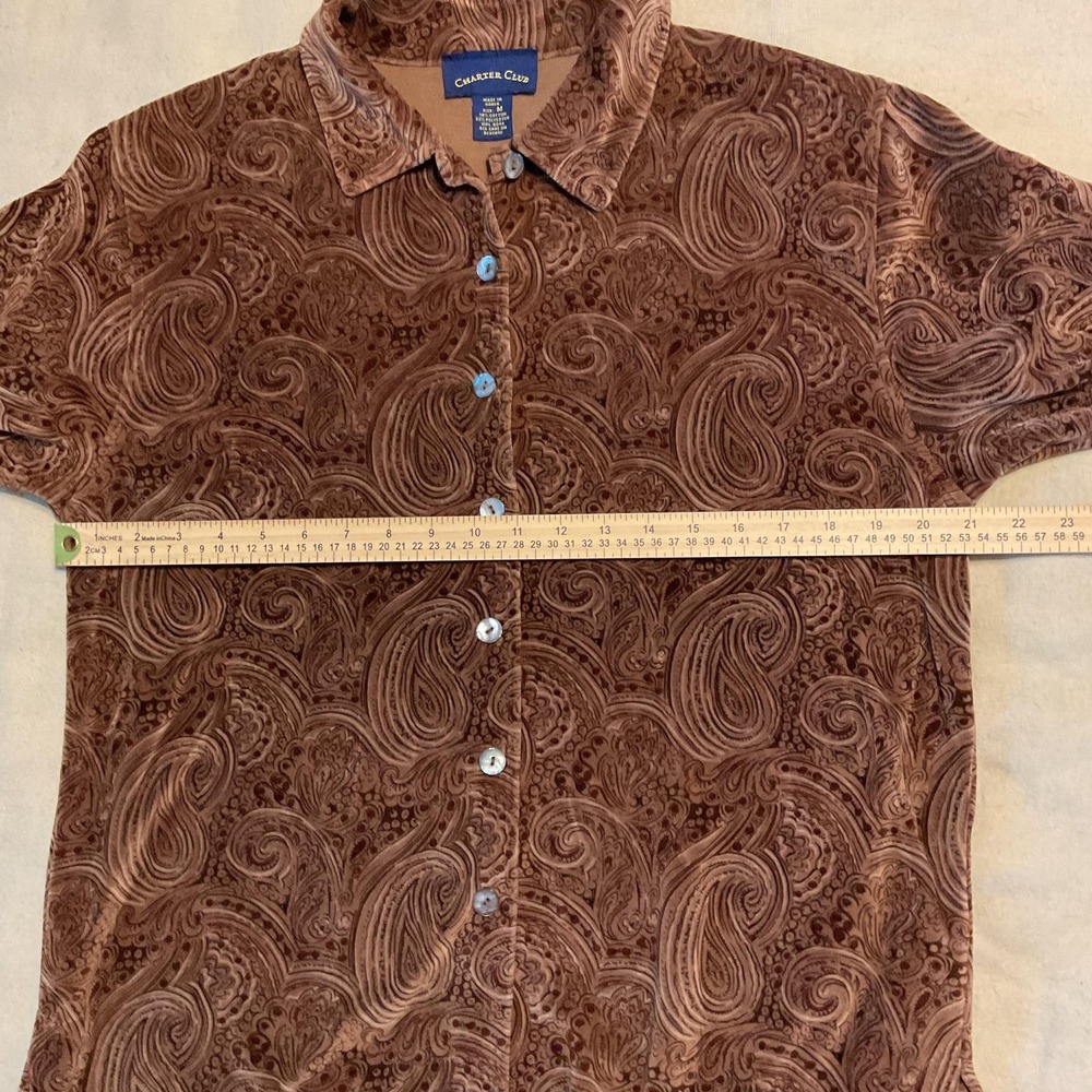 Charter Club Shirt Womens Medium Brown Paisley Velour Button Front Long Sleeve - Picture 6 of 8